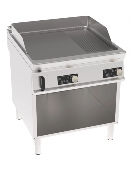 Fry top elettrico trifase - 12 kw su vano aperto, 1/3 piastra rigata, 2/3 liscia, con controllo elettronico - cm 80x90x90h