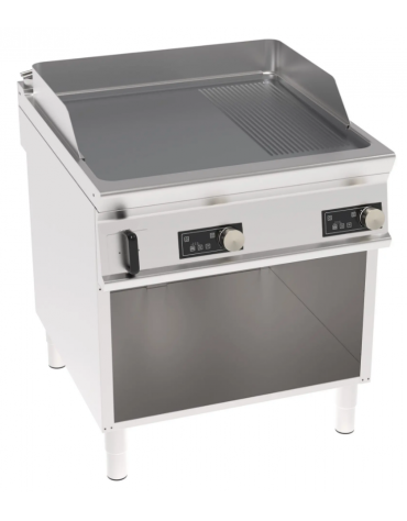 Fry top elettrico trifase-12kw su vano aperto, piastra 2/3 liscia e 1/3 rigata cromata spazzolata - controllo elettronico - cm 8