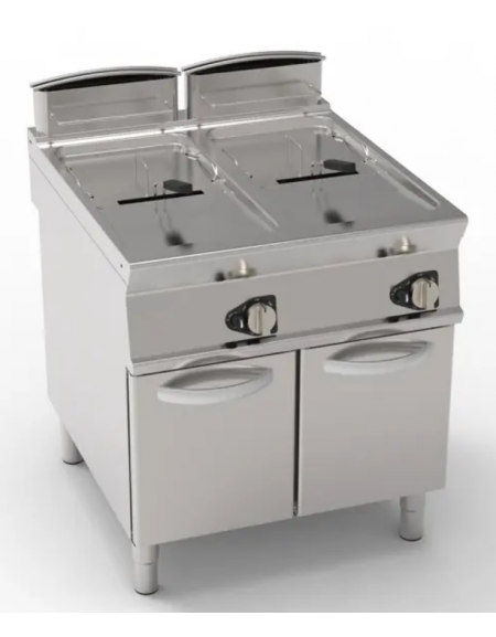 Friggitrice a gas su mobile - 2 vasche da Lt 17+17, con fondo a "V" - potenza totale 33 kw - cm 80x90x90h