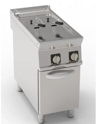 Friggitrice elettrica su mobile trifase -14 kw - 2 vasche con resistenze rotanti 8+8 Lt. - cm 40x90x90h