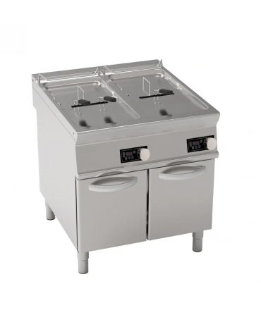 Friggitrice elettrica su mobile trifase-33kw con controllo elettronico - 2 vasche con resistenze rotanti 17+17Lt. - cm 80x90x90h