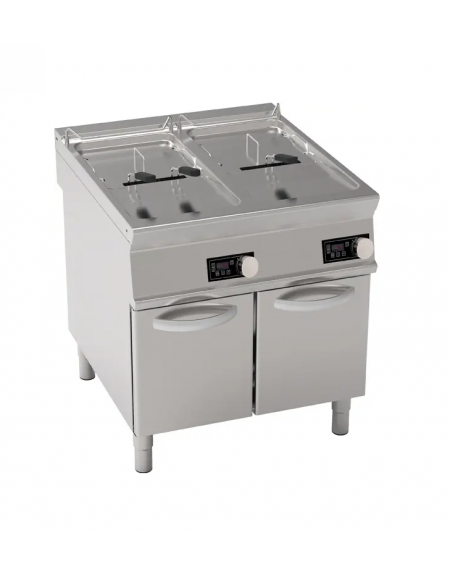 Friggitrice elettrica su mobile trifase-33kw con controllo elettronico - 2 vasche con resistenze rotanti 17+17Lt. - cm 80x90x90h