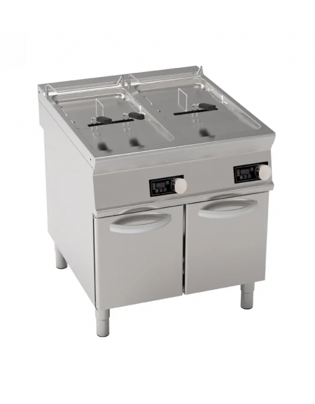 Friggitrice elettrica su mobile trifase-40kw con controllo elettronico - 2 vasche con resistenze rotanti 21+21Lt. - cm 80x90x90h