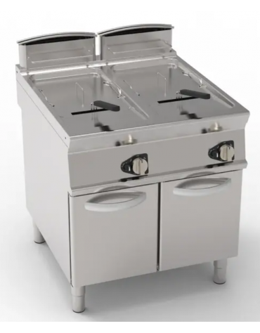 Friggitrice a gas freestanding, 2 vasche pulite pulite a "V" Lt 21+21 senza scambiatori in vasca - potenza totale 38,8 kw - cm t