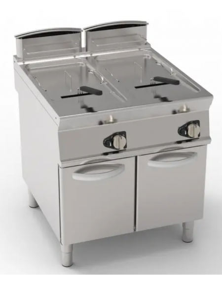 Friggitrice a gas su mobile - 2 vasche con fondo a "V" da Lt 21+21 - potenza totale 38,8 kw - cm 80x90x90h