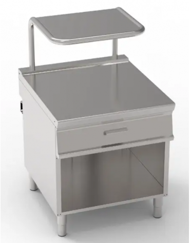 Piano di lavoro neutro in acciaio inox AISI 304 su vano aperto - con 1 cassetto GN1/1 e supporto salamandra - cm 80x90x90h