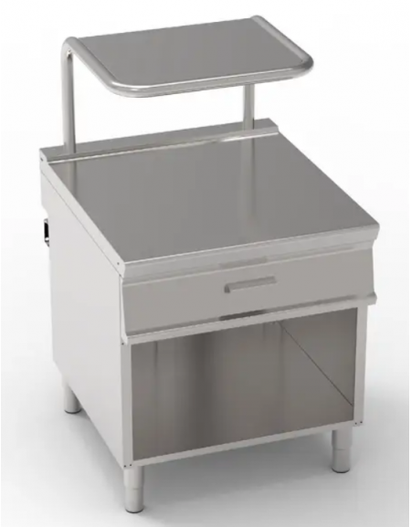 Piano di lavoro neutro in acciaio inox AISI 304 su vano aperto - con 1 cassetto GN1/1 e supporto salamandra - cm 80x90x90h
