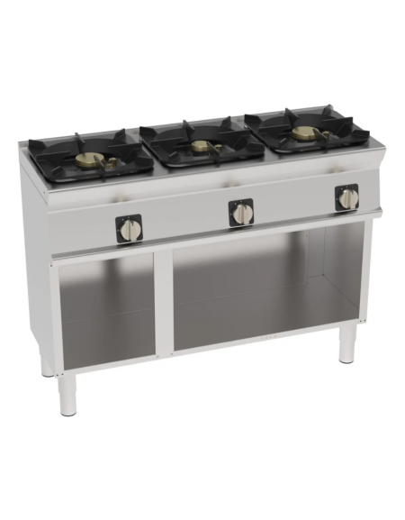 Cucina a gas 3 fuochi su vano aperto, potenza fuoco aperto 3X9kw - cm 120x45x90h