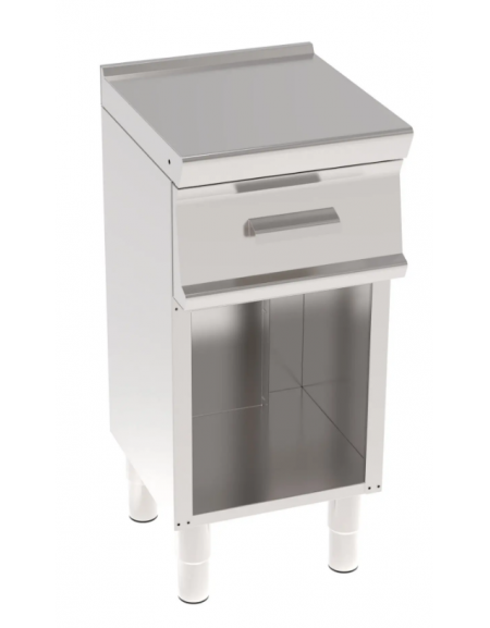 Piano di lavoro inox su vano aperto, dotato di piedini regolabili, con 1 cassetto, cm 29,5x37x10h - dim tot.cm 40x45x90h