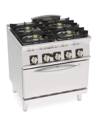 Cucina a gas ermetica 4 fuochi, potenza 2x5kw + 2x7,5kw - su forno statico a gas GN 2/1, camera cm 57,5x65x30 - cm 80x70x90h