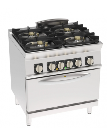 Cucina a gas ermetica 4 fuochi, potenza 2x5kw + 2x7,5kw - su forno elettrico statico GN 2/1, camera cm 57,5x65x30 - cm 80x70x90h