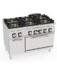 Cucina a gas ermetica 6 fuochi, 3x5kw + 3x7,5kw - su forno a gas statico GN 2/1, camera cm 57,5x65x30 - cm 120x70x90h
