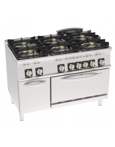 Cucina a gas ermetica 6 fuochi, potenza 3x5kw + 3x7,5kw, su forno elettrico statico GN 2/1, camera cm 57,5x65x30 - cm 120x70x90h