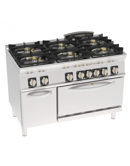 Cucina a gas ermetica 6 fuochi, potenza 3x5kw + 3x7,5kw, su forno elettrico statico GN 2/1, camera cm 57,5x65x30 - cm 120x70x90h