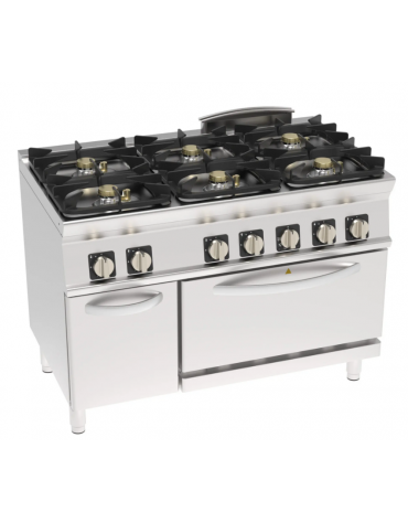 Cucina a gas 6 fuochi, forno elett. vent. GN 1/1, fuochi aperti 2x3,3+2x4,5+2x7,2kw - cam. forno cm 57,5x51,5x30 - cm 120x70x90h
