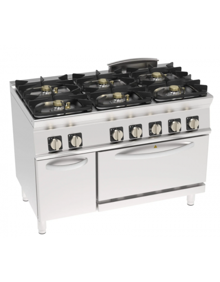 Cucina a gas 6 fuochi, forno elett. vent. GN 1/1, fuochi aperti 2x3,3+2x4,5+2x7,2kw - cam. forno cm 57,5x51,5x30 - cm 120x70x90h