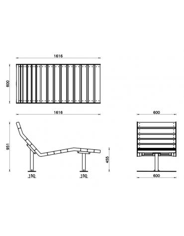 Panchina Chaise longue, struttura in acciaio e doghe in legno di pregio - da tassellare - cm 60x160x95,5h