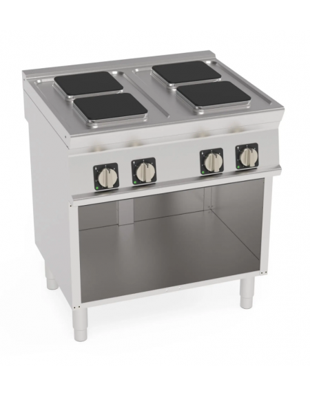 Cucina elettrica trifase-10,4kw, 4 piastre quadre cm 22x22, su vano aperto cm 73x57,4x39,5 - dim tot. cm 80x70x90h Cucina elettrica trifase-10,4kw, 4 piastre quadre cm 22x22, su vano aperto cm 73x57,4x39,5 - dim tot. cm 80x70x90h