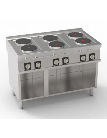 Cucina elettrica trifase-15,6kw, 6 piastre cm Ø22 su vano aperto dim. cm 113x57,4x39,5h - dim tot. cm 120x70x90h