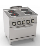 Cucina elettrica trifase-15,4kw, 4 piastre cm Ø22, su forno elett. vent.  GN1/1 con camera cm 57x51,5x30 - cm 80x70x90h