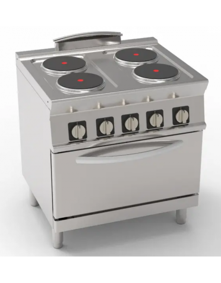 Cucina elettrica trifase-15,4kw, 4 piastre cm Ø22, su forno elett. vent.  GN1/1 con camera cm 57x51,5x30 - cm 80x70x90h