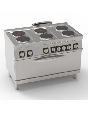 Cucina elettrica trifase-21,9kw, 6 piastre cm Ø22, su forno elettrico GN2/1 con camera cm 92,5x63x30 - cm 120x70x90h
