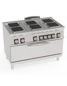 Cucina elettrica trifase-21,9kw, 6 piastre cm 22x22, su forno elettrico GN2/1, con camera cm 92,5x65x30 -cm 120x70x90h Cucina elettrica trifase-21,9kw, 6 piastre cm 22x22, su forno elettrico GN2/1, con camera cm 92,5x65x30 -cm 120x70x90h