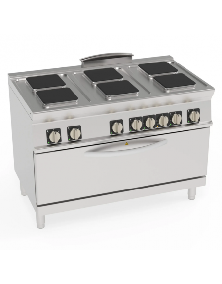 Cucina elettrica trifase-21,9kw, 6 piastre cm 22x22, su forno elettrico GN2/1, con camera cm 92,5x65x30 -cm 120x70x90h Cucina elettrica trifase-21,9kw, 6 piastre cm 22x22, su forno elettrico GN2/1, con camera cm 92,5x65x30 -cm 120x70x90h