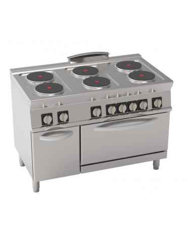 Cucina elettrica trifase-20,3kw, 6 piastre cm Ø22, su forno elettrico GN2/1 con camera cm 57,5x65x30 - cm 120x70x90h