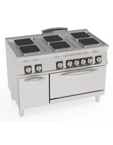 Cucina elettrica trifase-20,3kw, 6 piastre cm 22x22, su forno elettrico GN2/1, con camera cm 57,5x65x30 -cm 120x70x90h Cucina elettrica trifase-20,3kw, 6 piastre cm 22x22, su forno elettrico GN2/1, con camera cm 57,5x65x30 -cm 120x70x90h