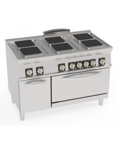 Cucina elettrica trifase-20,3kw, 6 piastre cm 22x22, su forno elettrico GN2/1, con camera cm 57,5x65x30 -cm 120x70x90h Cucina elettrica trifase-20,3kw, 6 piastre cm 22x22, su forno elettrico GN2/1, con camera cm 57,5x65x30 -cm 120x70x90h