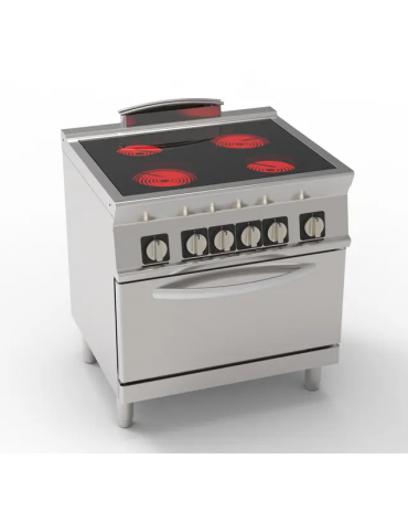 Cucina elettrica trifase-13,3kw, con 4 piani di cottura in vetroceramica, cam. forno cm 57,5x65x30  - dim tot. cm 80x70x90h
