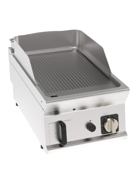 Fry top a gas da banco, 7 kw, piastra rigata, consumo gas 0,74 m³/h - sup. di cottura cm 35,3x56,4  - dim. 40x70x28h