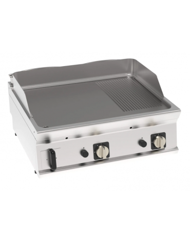 Fry top a gas da banco, 14 kw, piastra 1/3Rigata 2/3Liscia, cons. gas 1,48 m³/h - sup. di cottura cm 74,8x56,4  - dim. 80x70x28h