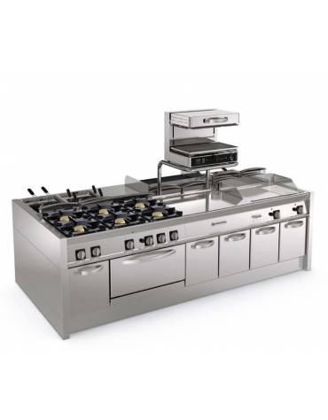 Fry top a gas da banco, 14 kw, piastra 1/3Rigata 2/3Liscia, cons. gas 1,48 m³/h - sup. di cottura cm 74,8x56,4  - dim. 80x70x28h