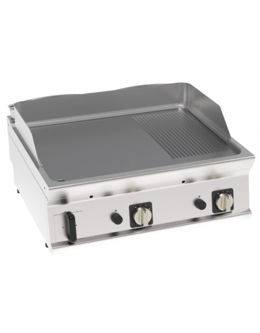 Fry top a gas da banco, 14 kw, piastra 2/3 liscia e 1/3 rigata cromata spazzolata - zona di cottura cm 74,8x56,4 - cm 80x70x28h