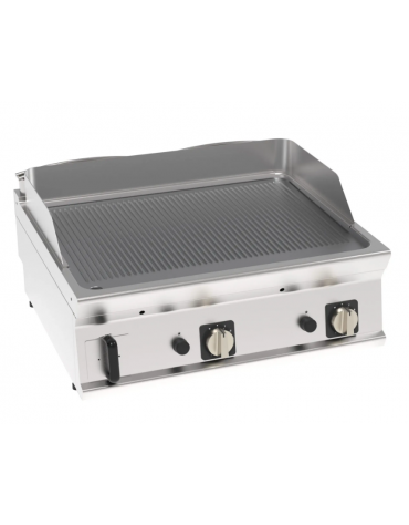 Fry top a gas da banco, 14 kw, piastra doppia rigata cromata spazzolata - zona di cottura cm 74,8x56,4 - cm 80x70x28h