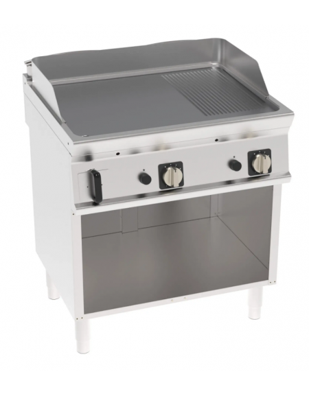 Fry-Top a gas su vano aperto, 2/3 liscio + 1/3 rigato cromato spazzolato - zona cattura cm 74,8x56,4 - gas Kw 14 - cm 80x70x90h