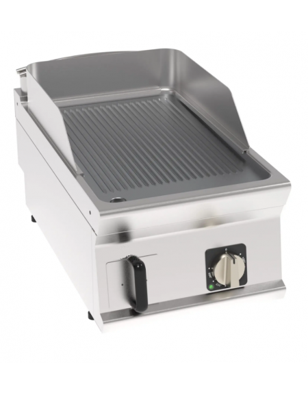 Fry-Top elettrico da banco, 1 zona cottura, piastra rigata cromata spazzolata cm 35,3x56,4, trifase Kw 3,9 - cm 40x70x28h