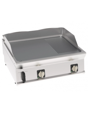 Fry-Top elettrico da banco, 2/3 liscio + 1/3 rigato cromato spazzolato, zona cottura cm 74,8x56,4 - trifase Kw 7,8 - cm 80x70x28