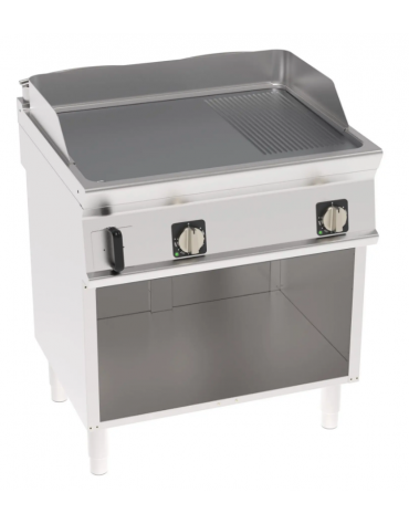 Fry-Top elettrico su vano aperto, 2/3 liscio + 1/3 rigato cromato spazzolato, 2 zone cottura - trifase Kw 7,8 - cm 80x70x90h
