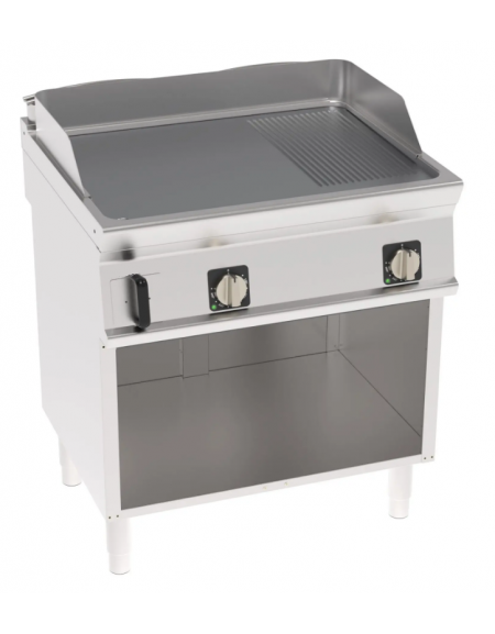 Fry-Top elettrico su vano aperto, 2/3 liscio + 1/3 rigato cromato spazzolato, 2 zone cottura - trifase Kw 7,8 - cm 80x70x90h