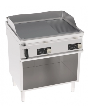 Fry top elettrico trifase-7,8kw su vano aperto,piastra 2/3 liscia e 1/3 rigata cromata spazzolata-controllo elett. cm 80x70x90 Fry top elettrico trifase-7,8kw su vano aperto,piastra 2/3 liscia e 1/3 rigata cromata spazzolata-controllo elett. cm 80x70x90