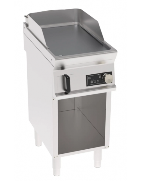 Fry top elettrico trifase-3,9 kw su vano aperto, piastra liscia singola cromata spazzolata - controllo elettronico - cm 40x70x90