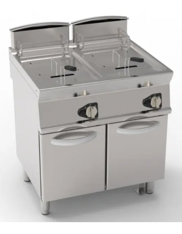 Friggitrice a gas su mobile - 2 vasche da Lt 13+13, con fondo a "V" - potenza tot. 24 kw - cm 80x70x90h