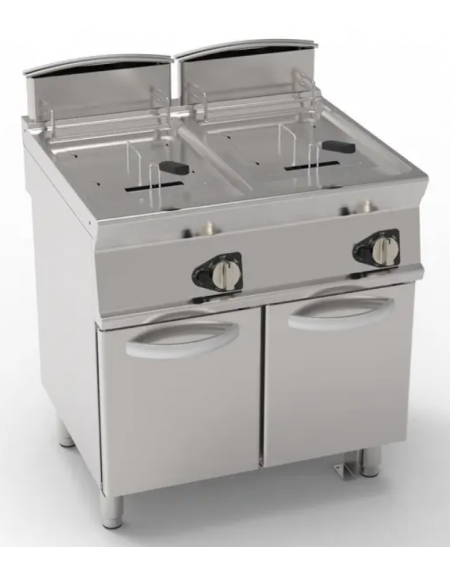 Friggitrice a gas su mobile - 2 vasche da Lt 13+13, con fondo a "V" - potenza tot. 24 kw - cm 80x70x90h
