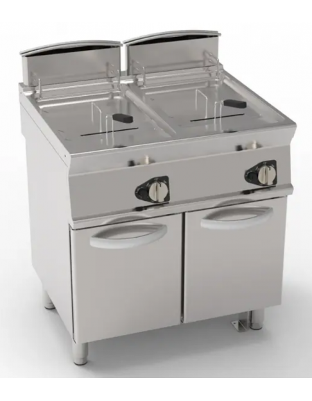 Friggitrice a gas su mobile - 2 vasche da Lt 17+17, con fondo a "V" - potenza tot. 33 kw - dim. tot. cm 80x70x90h