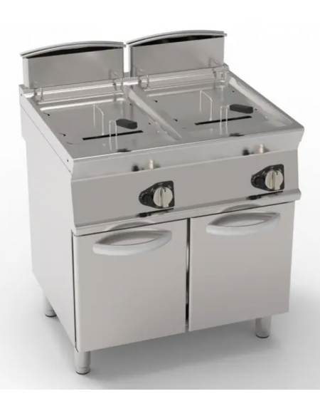 Friggitrice a gas su mobile, 2 vasche da 17+17 lt con scambiatori di calore - cm 80x70x90h Friggitrice a gas su mobile, 2 vasche da 17+17 lt con scambiatori di calore - cm 80x70x90h