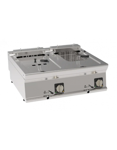 Friggitrice elettrica da banco, 2 vasche da Lt 8+8, con resistenza basculante - trifase Kw 15 - dim. tot. cm 80x70x28h