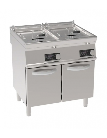 Friggitrice elettrica su mobile trifase-24kw con controllo elettronico - 2 vasche con resistenze rotanti 13+13Lt. - cm 80x70x90h
